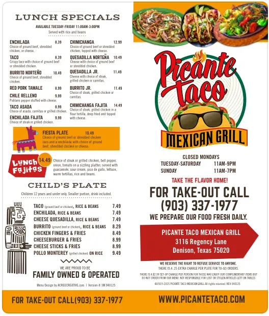 Picante Taco ToGo Menu page 1